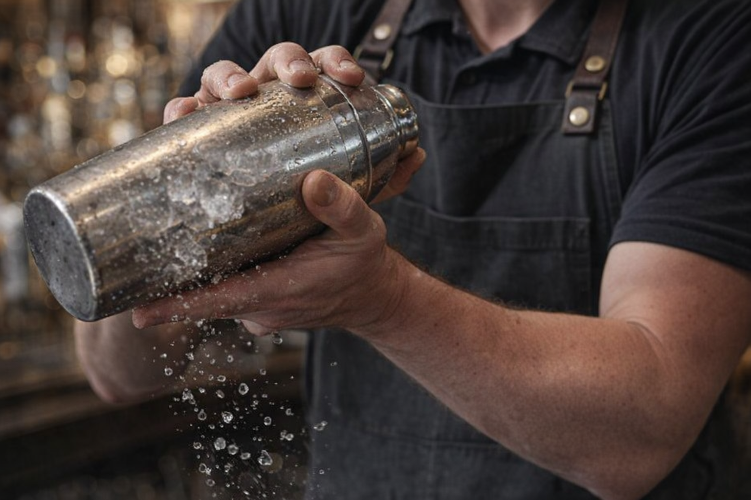 A close-up shot of a bartender shaking a cocktail vigorously, ice clinking against the metal shaker, with a focused expression on their face